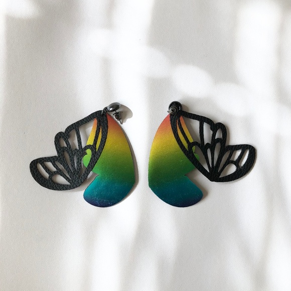 Handmade Rainbow Layered Butterfly Wings Dangle Earrings - Picture 3 of 4